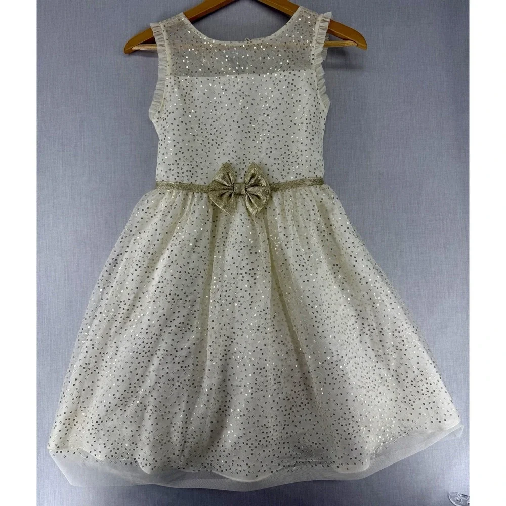 JONA MICHELLE‎ Dress Girls Size 12 Ivory/ White Gold Sequins Bow Holiday EUC